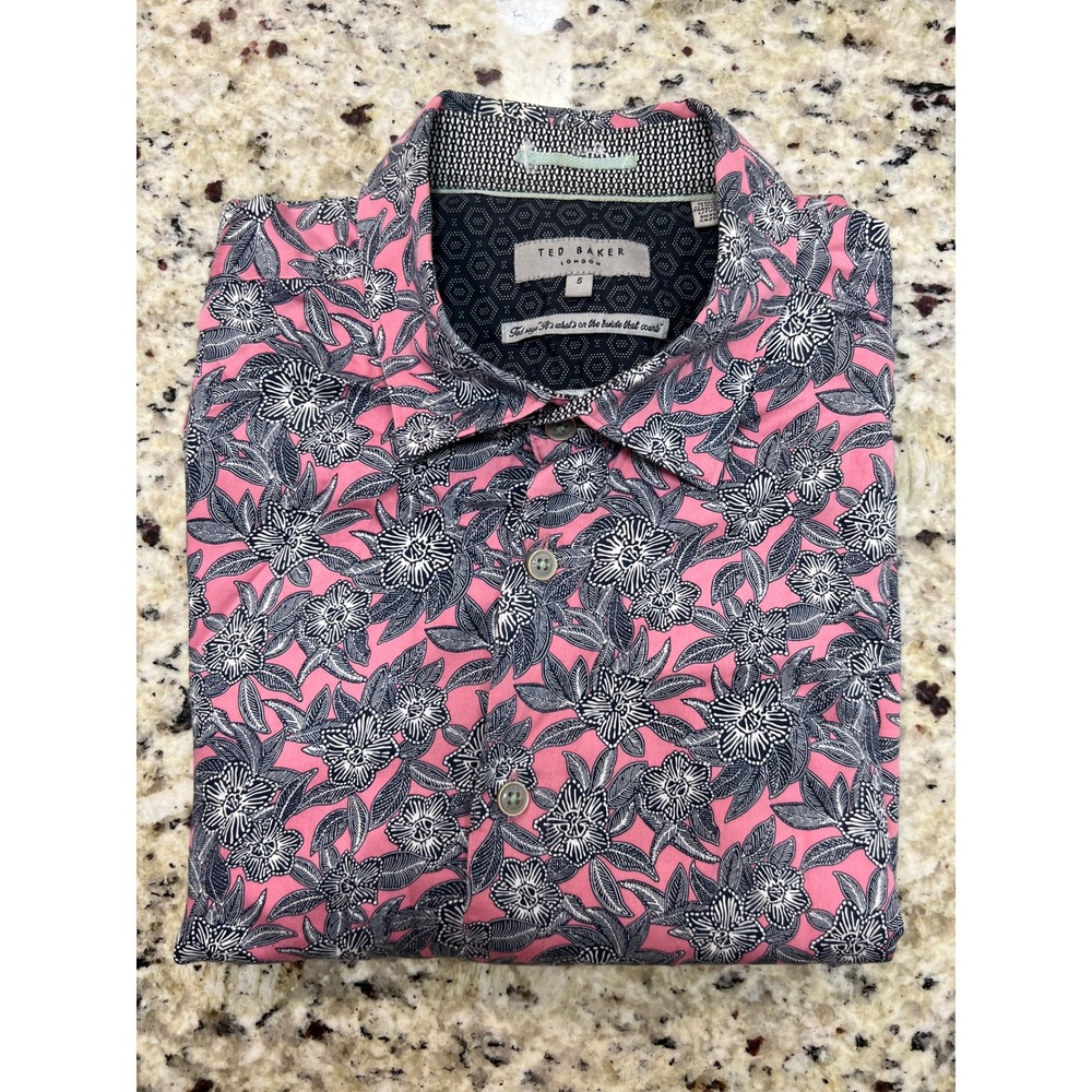 Ted Baker London Mens Short Sleeve Floral Button Down Shirt Pink Navy Size 5 XL